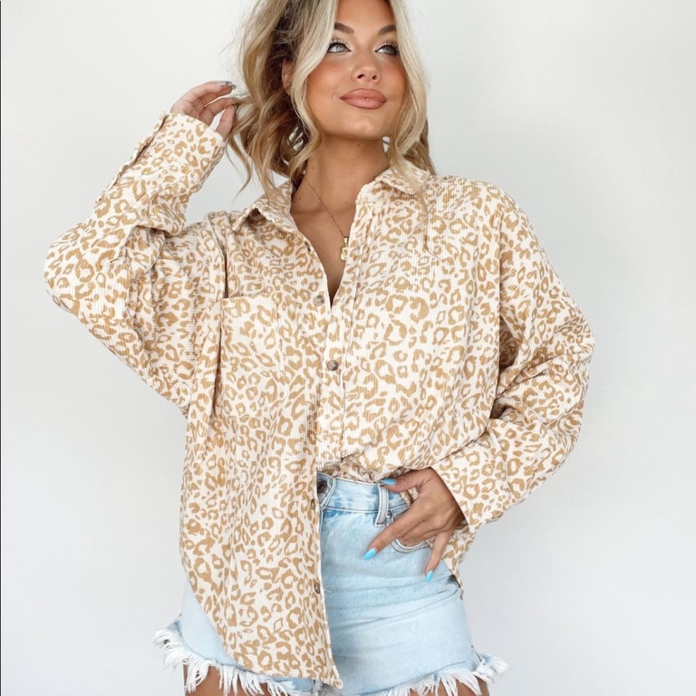 Leopard Print Corduroy Button-Up